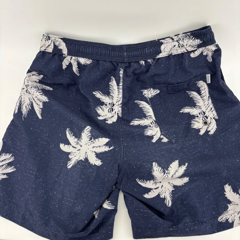 Maamgic Swim‎ Trunks Mens Medium Navy Blue Excellent Palm Tree Print 7in Inseam